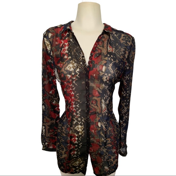 Sandwich Fashion Front Button Sheer Pattern Blouse - Picture 2 of 10